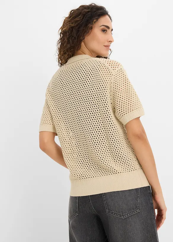 Ajour-Strickjacke aus Baumwoll-Leinen-Mix in beige von hinten (im Anschnitt) - bonprix