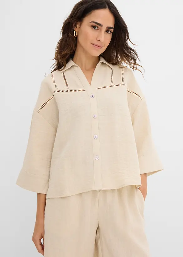 Hemdbluse aus softem Viskose-Mix in beige von vorne (im Anschnitt) - bonprix Hemdbluse aus softem Viskose-Mix in beige von vorne (im Anschnitt) - bonprix
