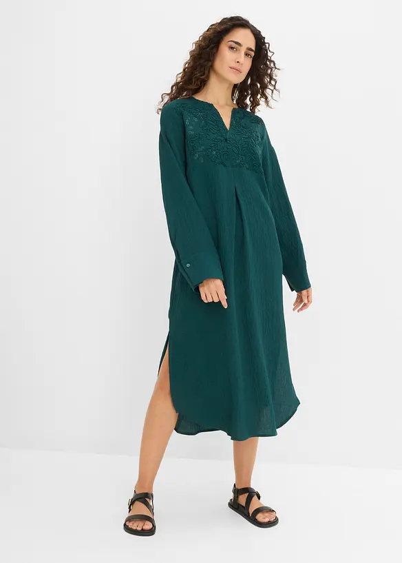 Leichtes Kaftan-Kleid mit Verzierung in grün von vorne (Totalaufnahme) - bonprix