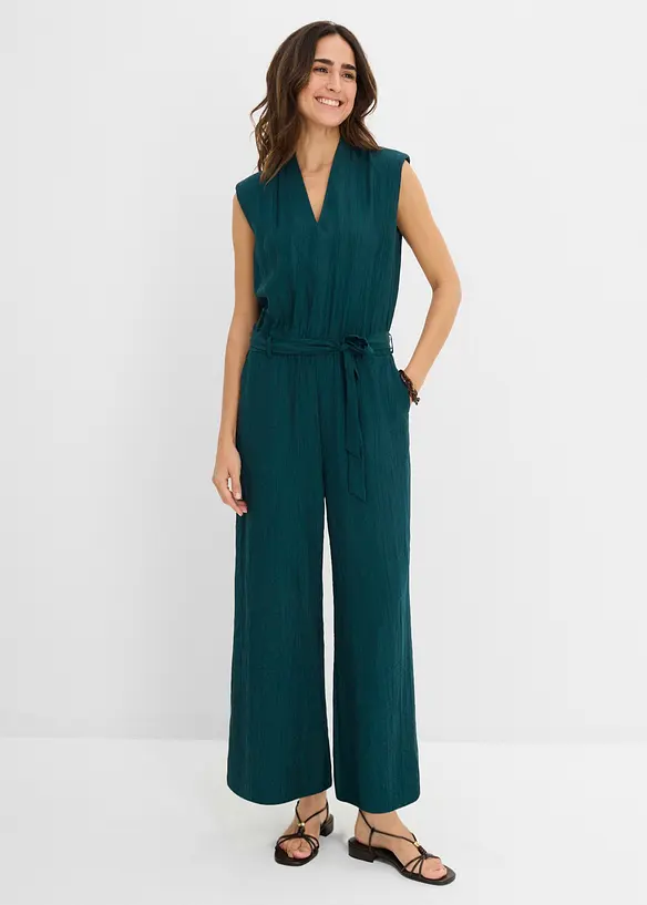 Viskose-Jumpsuit mit Kelchkragen in grün von vorne (Totalaufnahme) - bonprix