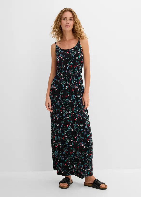 tailliertes Maxi-Kleid mit Druck in schwarz von vorne (Totalaufnahme) - bonprix