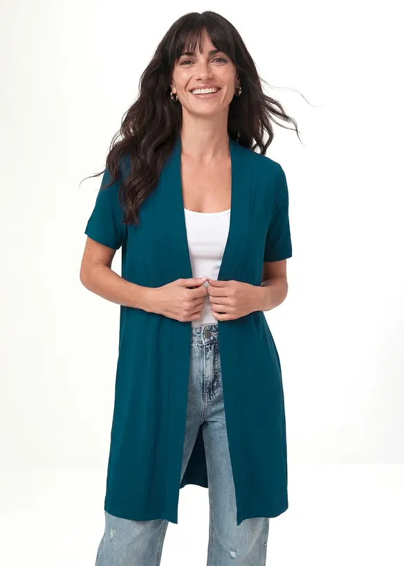 Shirtjacke aus softer Viskose in petrol von vorne (im Anschnitt) - bonprix