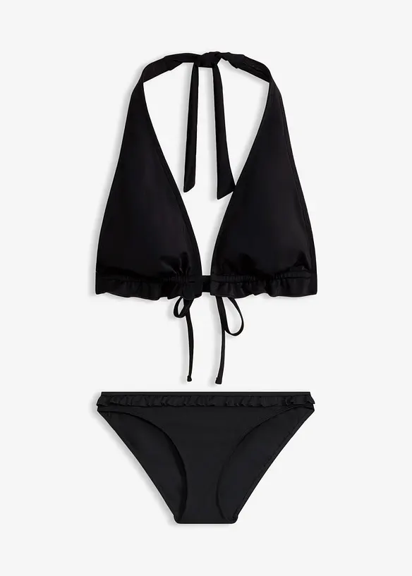 Neckholder-Bikini mit Rüschen (2-tlg.Set) in schwarz von vorne - bonprix