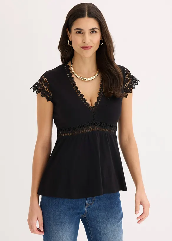 Shirt mit Spitze in schwarz von vorne (im Anschnitt) - bonprix