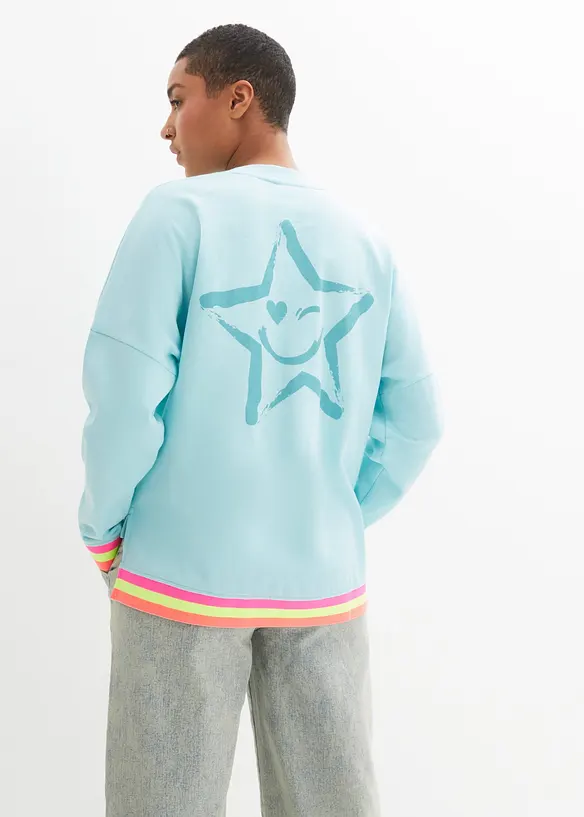 Oversize-Sweatshirt mit bunten Bündchen aus reiner Baumwolle in blau von hinten (im Anschnitt) - bonprix