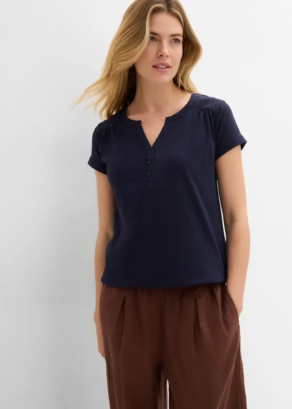 Baumwoll-Shirt, Kurzarm in blau von vorne (im Anschnitt) - bonprix