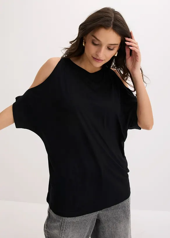 Cold-Shoulder-Shirt aus Viskose in schwarz von vorne (im Anschnitt) - bonprix Cold-Shoulder-Shirt aus Viskose in schwarz von vorne (im Anschnitt) - bonprix