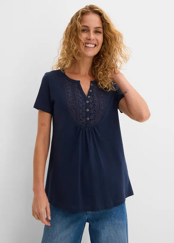 Baumwoll Flammgarn-Shirt, Kurzarm in blau von vorne (im Anschnitt) - bonprix Baumwoll Flammgarn-Shirt, Kurzarm in blau von vorne (im Anschnitt) - bonprix