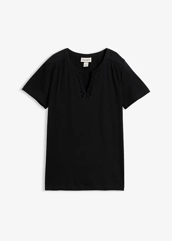 Baumwoll-Shirt mit dekorativem Ausschnitt in schwarz von vorne - bonprix