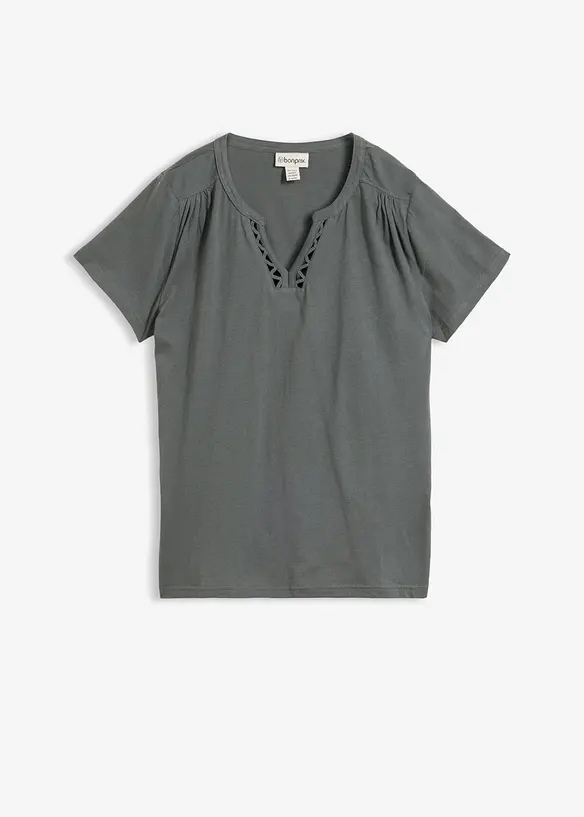 Baumwoll-Shirt mit dekorativem Ausschnitt in grün von vorne - bonprix