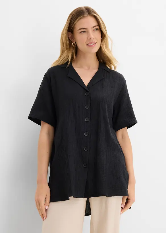 Musselin-Hemdbluse aus reiner Baumwolle in schwarz von vorne (im Anschnitt) - bonprix Musselin-Hemdbluse aus reiner Baumwolle in schwarz von vorne (im Anschnitt) - bonprix