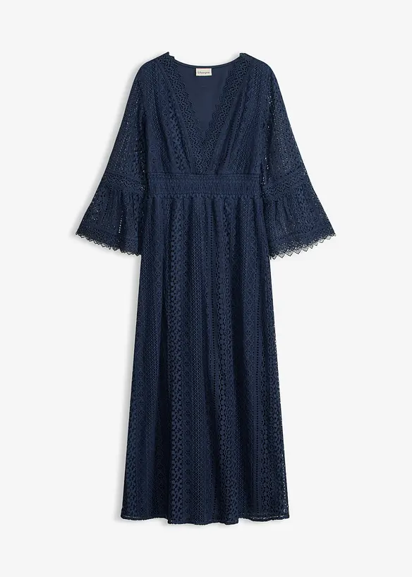Maxikleid in Crochet-Optik  und Spitzendetails in blau von vorne - bonprix