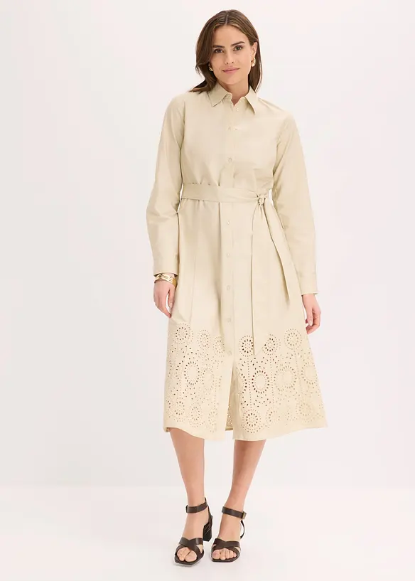 Hemdblusenkleid mit Lochstickerei in beige von vorne (Totalaufnahme) - bonprix