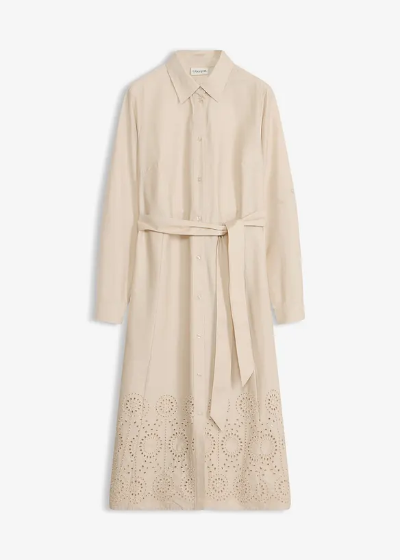Hemdblusenkleid mit Lochstickerei in beige von vorne - bonprix