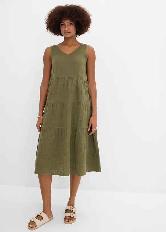 Musselin-Kleid aus reiner Baumwolle in grün von vorne (Totalaufnahme) - bonprix Musselin-Kleid aus reiner Baumwolle in grün von vorne (Totalaufnahme) - bonprix