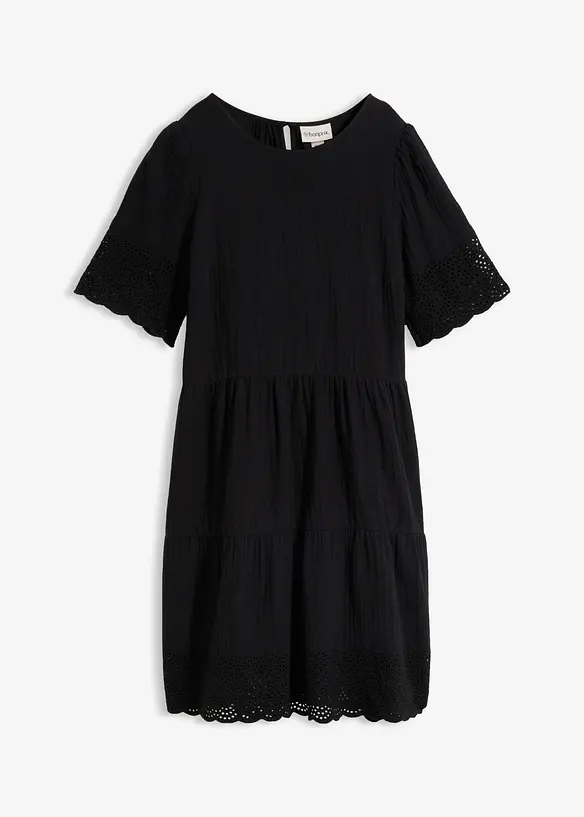 Kleid aus Musselin mit Lochstickerei in schwarz von vorne - bonprix Kleid aus Musselin mit Lochstickerei in schwarz von vorne - bonprix