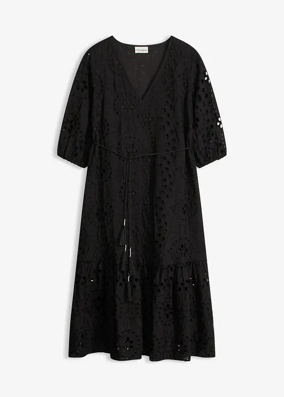 Midikleid aus reiner Baumwolle mit Lochstickerei in schwarz von vorne - bonprix