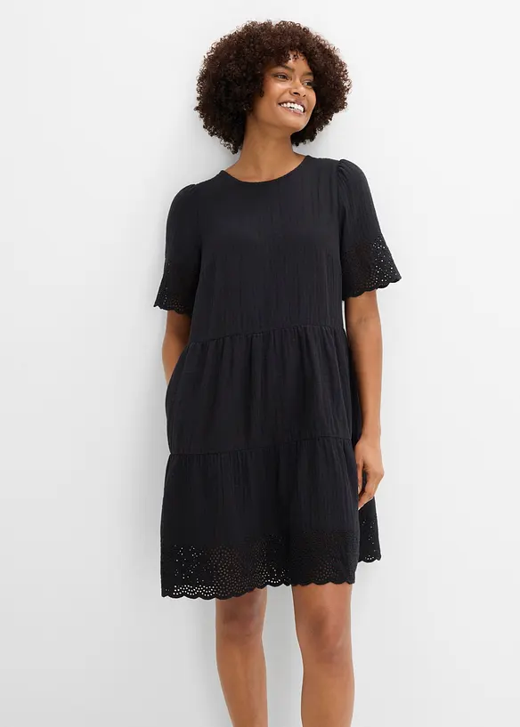 Kleid aus Musselin mit Lochstickerei in schwarz von vorne (Totalaufnahme) - bonprix Kleid aus Musselin mit Lochstickerei in schwarz von vorne (Totalaufnahme) - bonprix
