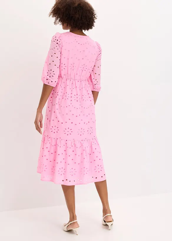 Lochstickerei-Midikleid aus reiner Baumwolle in rosa von hinten (Totalaufnahme) - bonprix