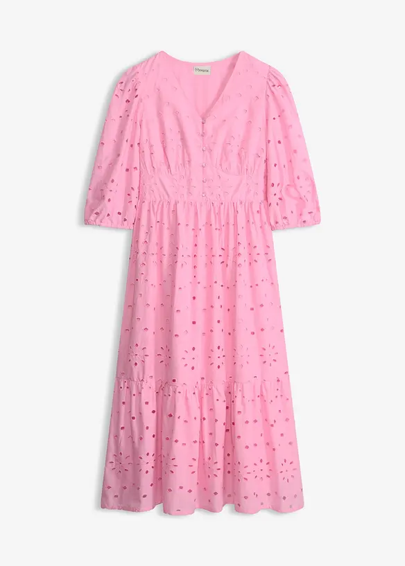 Lochstickerei-Midikleid aus reiner Baumwolle in rosa von vorne - bonprix