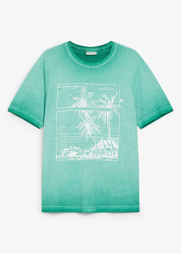 T-Shirt in gewaschener Optik aus Bio-Baumwolle in grün von vorne - bonprix