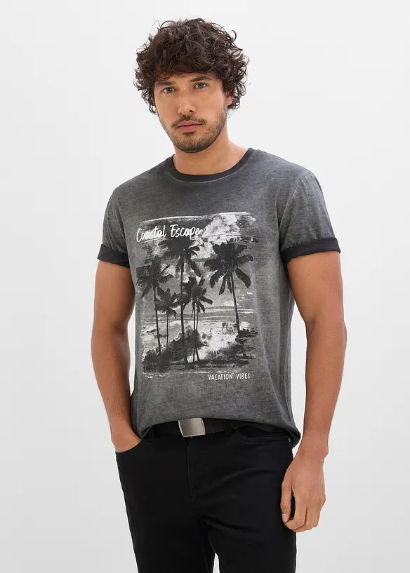 T-Shirt in gewaschener Optik aus reiner Bio-Baumwolle in grau von vorne (im Anschnitt) - bonprix