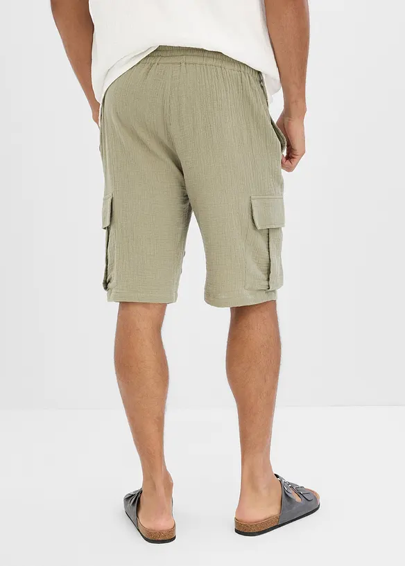 Regular-Fit Cargobermuda aus luftigem Musselin in grau von hinten - bonprix
