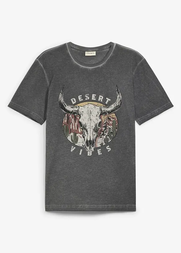 T-Shirt in gewaschener Optik aus reiner Bio-Baumwolle in grau von vorne - bonprix