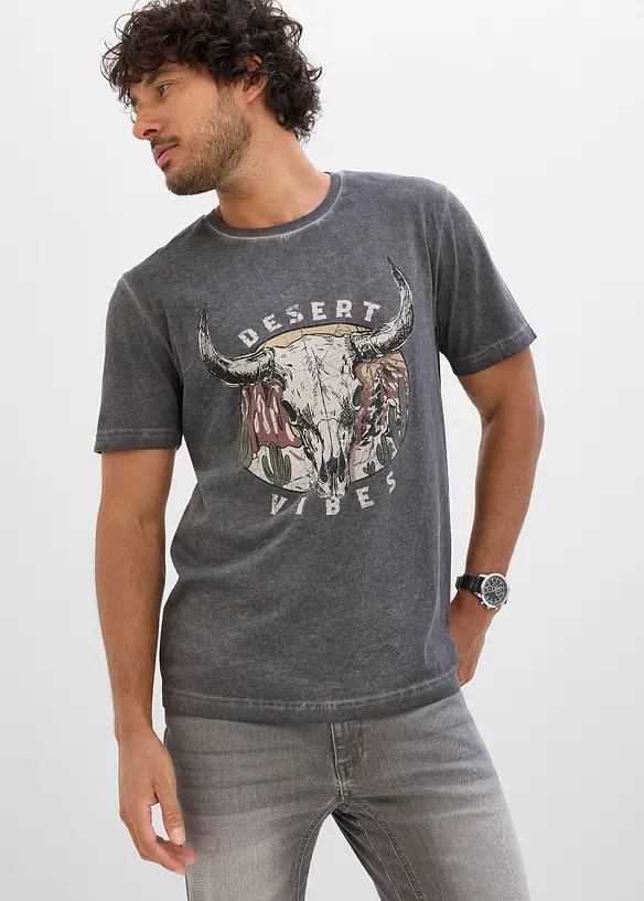 T-Shirt in gewaschener Optik aus reiner Bio-Baumwolle in grau von vorne (im Anschnitt) - bonprix