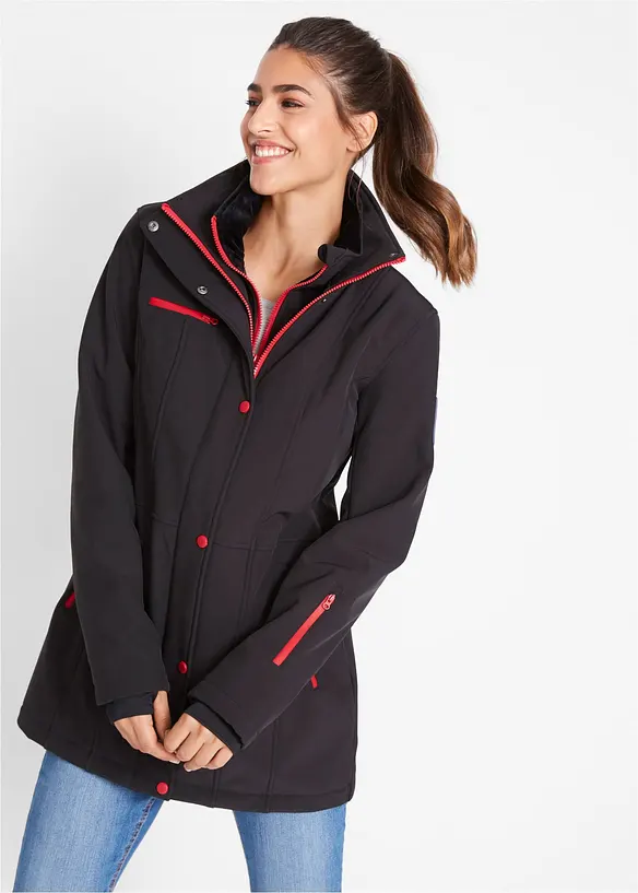 wasserabweisende Stretch-Softshell-Longjacke in schwarz von vorne (im Anschnitt) - bonprix