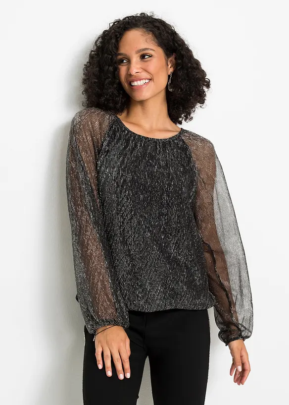 Shirt in funkelnder Plissee-Optik in schwarz von vorne (im Anschnitt) - bonprix