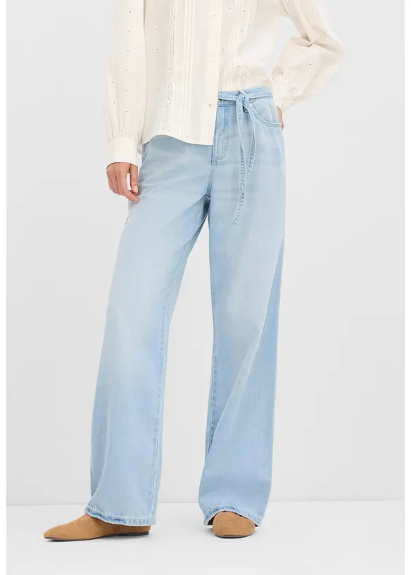 Wide-Leg-Jeans, Mid Waist, mit Gürtel in blau von vorne - bonprix