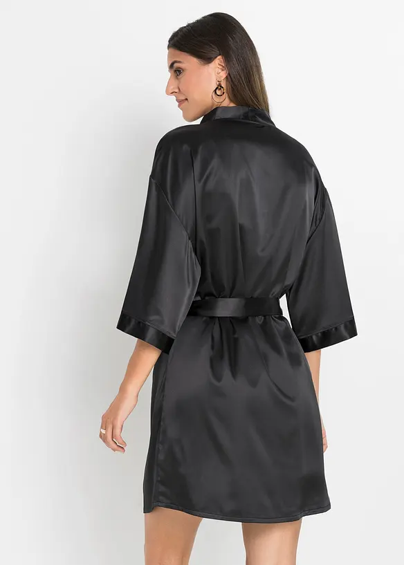 Morgenmantel-Set: Kimono + Negligé (2-tlg.Set) in schwarz von hinten (Totalaufnahme) - bonprix