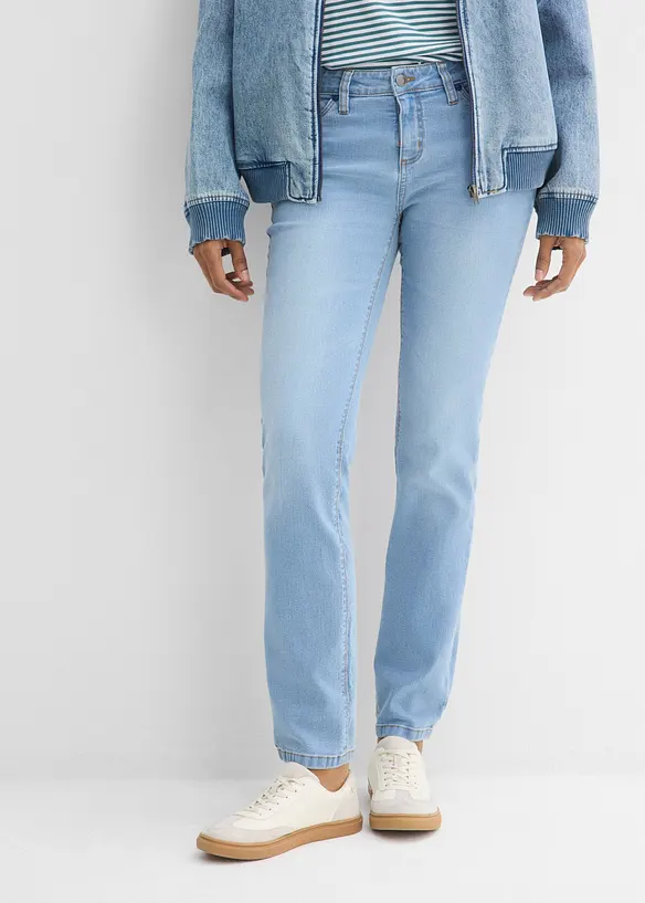 Straight Jeans Mid Waist, Stretch in blau von vorne - bonprix Straight Jeans Mid Waist, Stretch in blau von vorne - bonprix