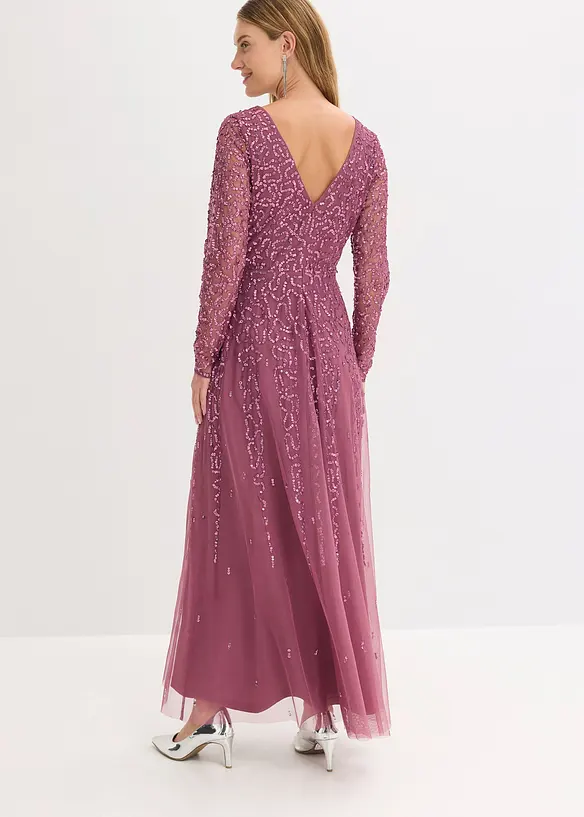 Abendkleid mit Paillettenstickerei in lila von hinten (Totalaufnahme) - bonprix