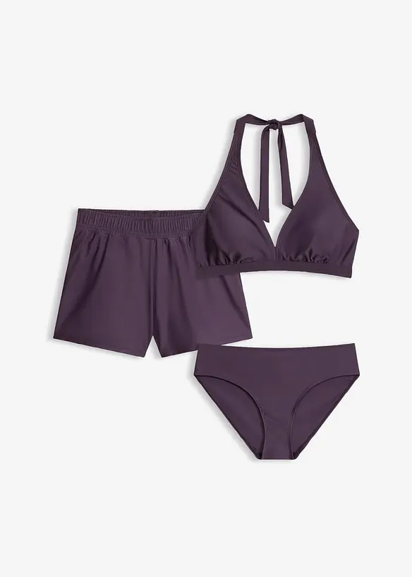 Bikini und Badeunterteil (3-tlg.Set) in lila von vorne - bonprix Bikini und Badeunterteil (3-tlg.Set) in lila von vorne - bonprix