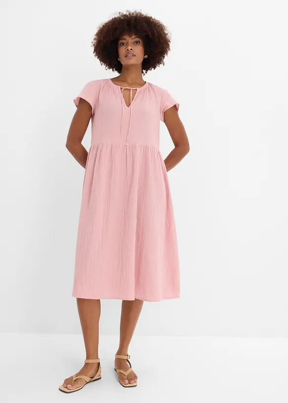 Musselin-Midikleid aus reiner Baumwolle in rosa von vorne (Totalaufnahme) - bonprix