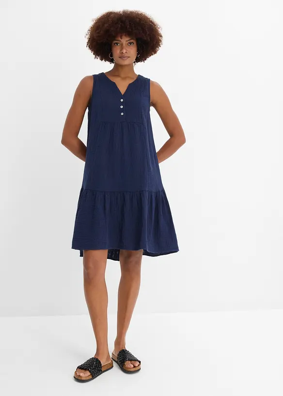 Musselin-Midikleid aus reiner Baumwolle in blau von vorne (Totalaufnahme) - bonprix
