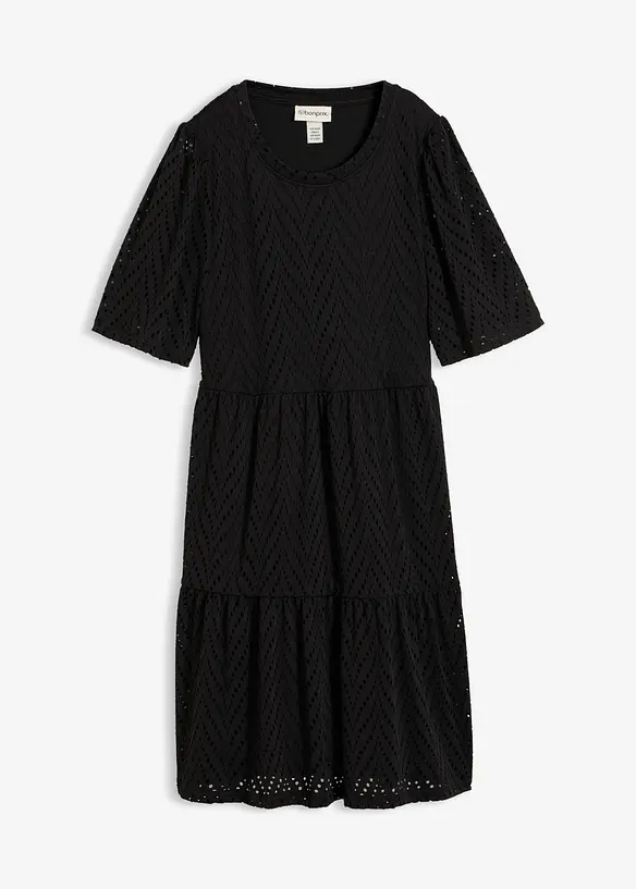 Shirtkleid mit Lochstickerei aus Borkenkrepp in schwarz von vorne - bonprix Shirtkleid mit Lochstickerei aus Borkenkrepp in schwarz von vorne - bonprix