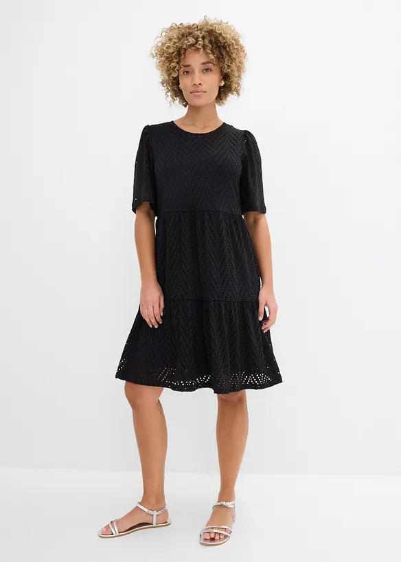Shirtkleid mit Lochstickerei aus Borkenkrepp in schwarz von vorne (Totalaufnahme) - bonprix Shirtkleid mit Lochstickerei aus Borkenkrepp in schwarz von vorne (Totalaufnahme) - bonprix