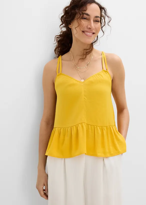 Blusentop aus fließendem Satin in gelb von vorne (im Anschnitt) - bonprix Blusentop aus fließendem Satin in gelb von vorne (im Anschnitt) - bonprix