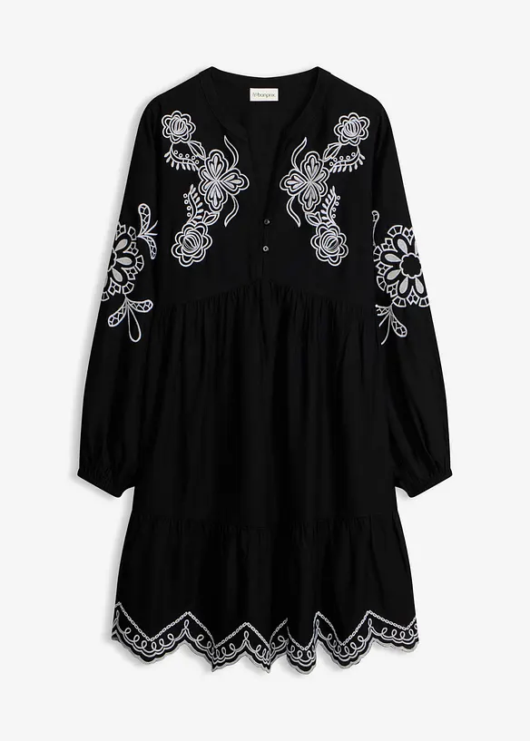 Tunika-Kleid aus fließender Viskose mit Stickerei in schwarz von vorne - bonprix