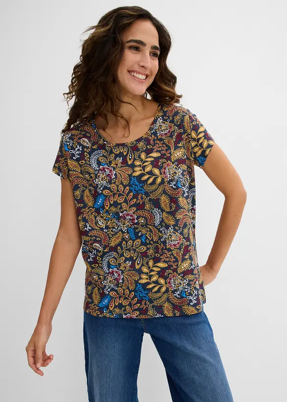 Baumwoll Shirt, bedruckt, Kurzarm in blau von vorne (im Anschnitt) - bonprix