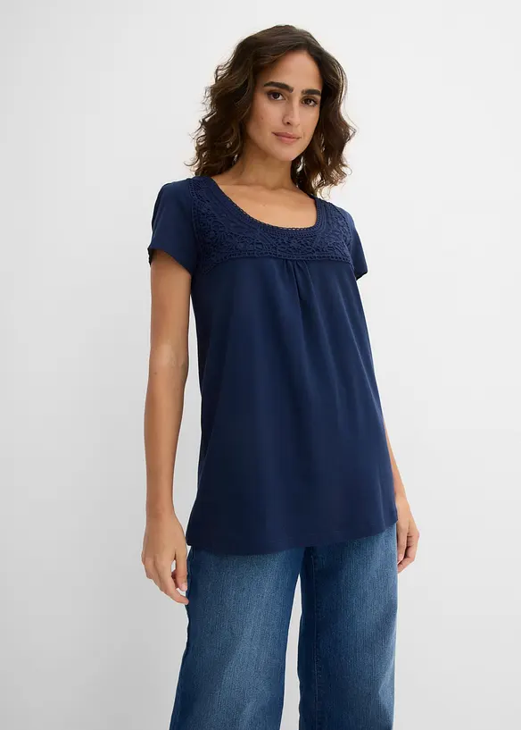 Baumwoll Shirt mit Spitze, Kurzarm in blau von vorne (im Anschnitt) - bonprix Baumwoll Shirt mit Spitze, Kurzarm in blau von vorne (im Anschnitt) - bonprix