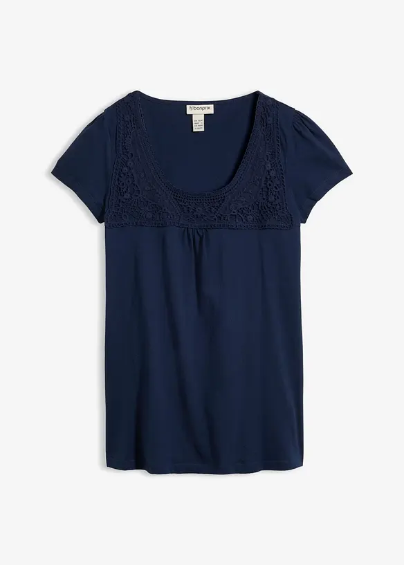 Baumwoll Shirt mit Spitze, Kurzarm in blau von vorne - bonprix Baumwoll Shirt mit Spitze, Kurzarm in blau von vorne - bonprix