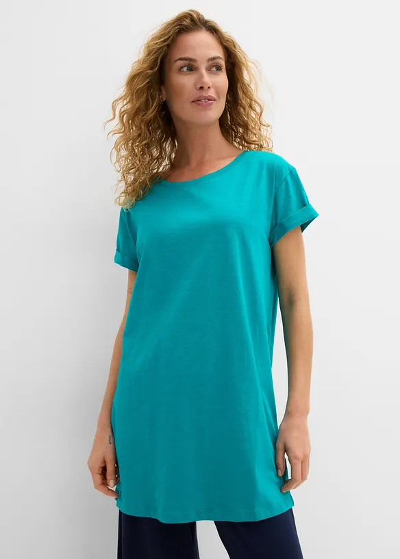 Boxy-Longshirt mit kurzen Ärmeln in grün von vorne (im Anschnitt) - bonprix