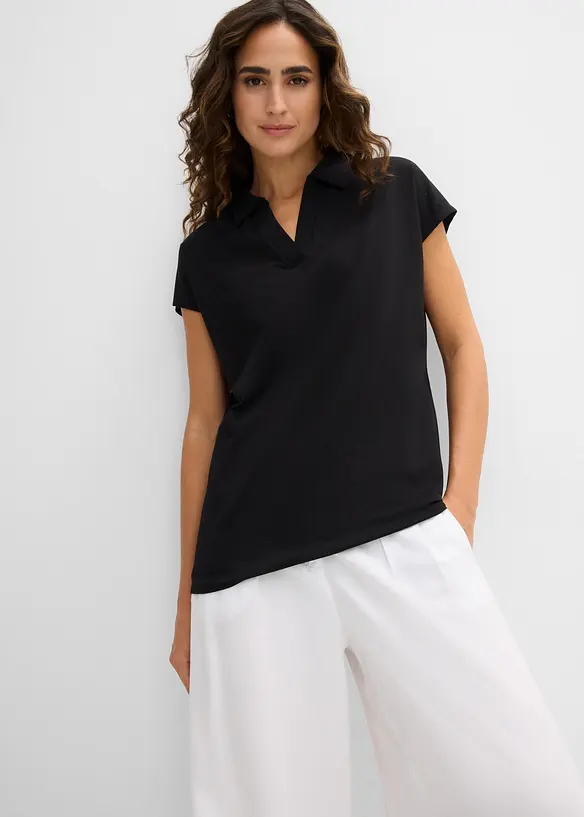 Poloshirt aus elastischem Baumwoll-Mix in schwarz von vorne (im Anschnitt) - bonprix Poloshirt aus elastischem Baumwoll-Mix in schwarz von vorne (im Anschnitt) - bonprix