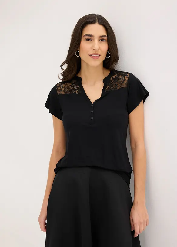 Henleyshirt aus Viskose-Mix in schwarz von vorne (im Anschnitt) - bonprix Henleyshirt aus Viskose-Mix in schwarz von vorne (im Anschnitt) - bonprix