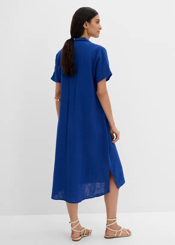 Musselin-Kaftan-Kleid aus reiner Baumwolle in blau von hinten (Totalaufnahme) - bonprix