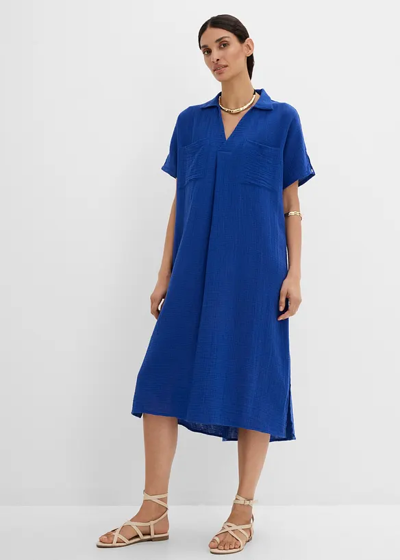 Musselin-Kaftan-Kleid aus reiner Baumwolle in blau von vorne (Totalaufnahme) - bonprix